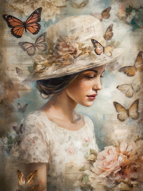 Vintage portrait of woman with butterflies