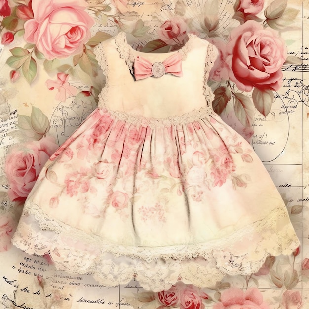 젊은 소녀의 귀여운 작은 드레스의 빈티지 초상화 오래된 종이 쓰레기 저널 디지털 종이