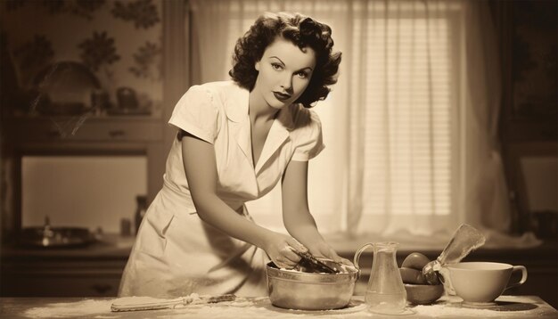 Foto vintage portret van een huisvrouw in de keuken die een taart of koekjes bak.