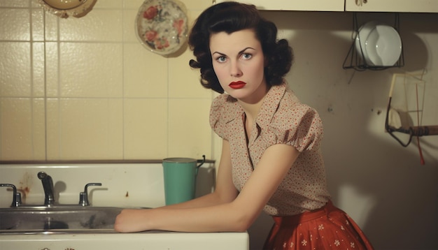 Vintage portret van een huisvrouw in de keuken Jonge schoonheid vrouw kookt in de Keuken retro stijl