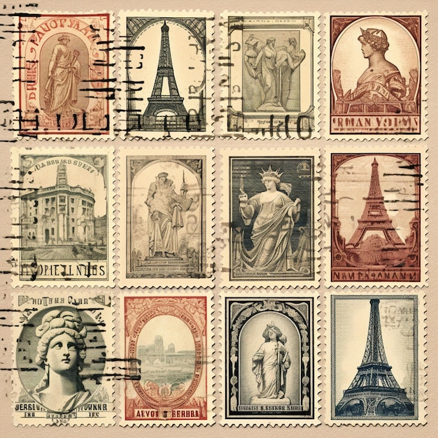 Vintage postage stamps representing different eras and cultures