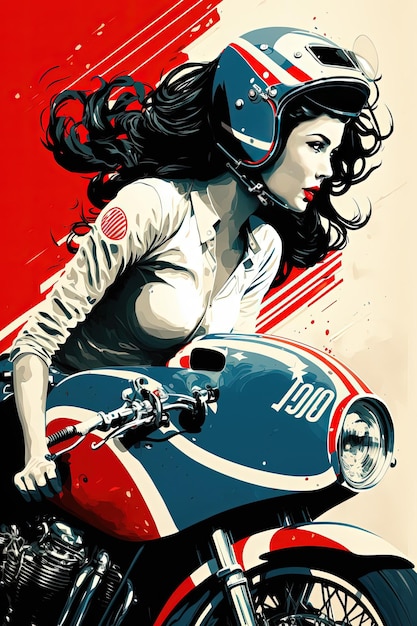 Vintage poster beautiful woman racer in red white and blue colors Generative Ai