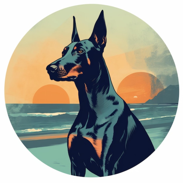 Vintage Poster Design Doberman Pinscher At Sunset On The Beach