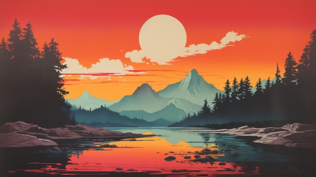 Vintage Poster Design Mountain And River With Orange Sky