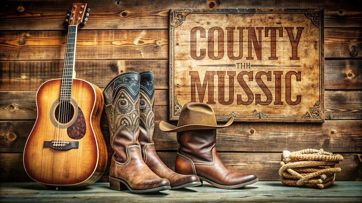Foto vintage poster met cowboy laarzen en muziekgitaar western country muziek poster met cowboyschoenen en muziek gitaar achtergrond voor tekst