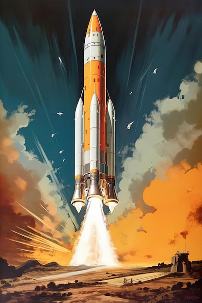 vintage poster of a rocket flying by in the style of realist detail