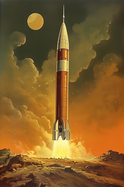 vintage poster of a rocket flying by in the style of realist detail