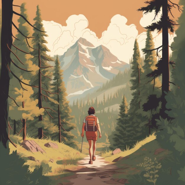 Vintage Poster Style Trail Illustration With Warm Color Palette