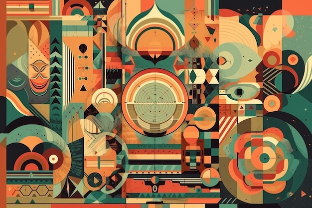 복잡하고 다채로운 기하학적 모양을 가진 빈티지 포스터는 생성 AI로 만들어졌습니다.