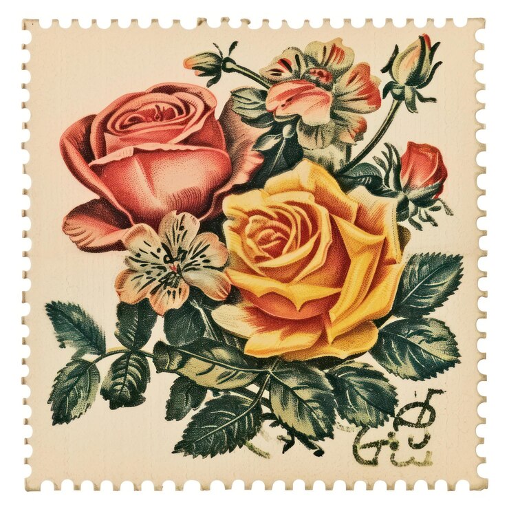 Foto vintage postzegel met boeket schilderij patroon bloem