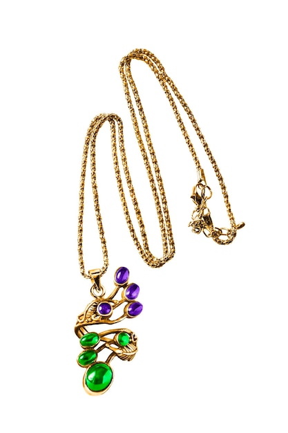 Vintage precious gold necklace with colorful gems on white background