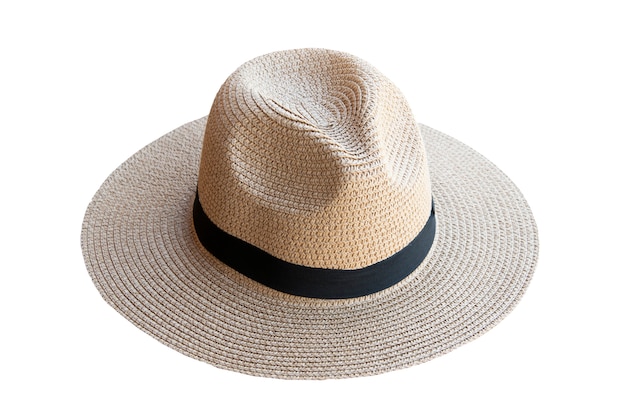 Vintage pretty straw hat isolated on white background. Beside view.