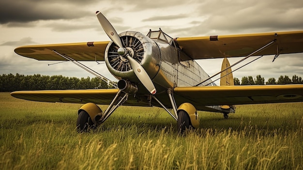 Foto vintage propeller aangedreven vliegtuigen geparkeerd in een grasrijke landelijke vliegveld