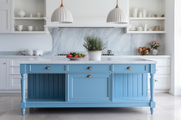 Photo vintage provence style a serene blue marble kitchen island amidst retro chic furnishings and pendan