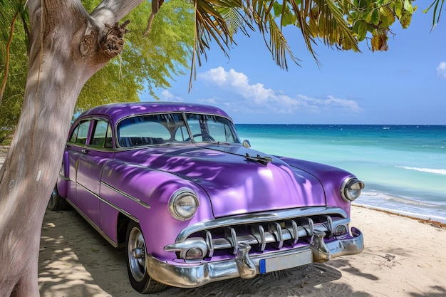 Vintage purple American car in Cuban coast