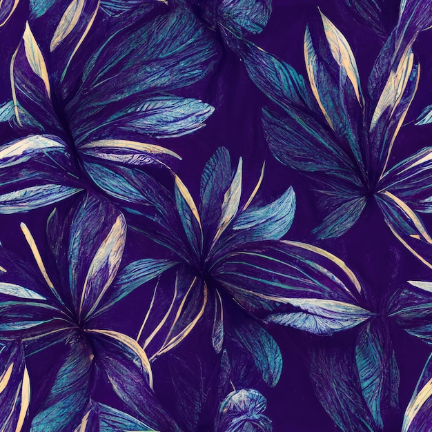 Винтажный фиолетовый синий повторяющийся узор Ботанические цветы с текстурой тропических растений