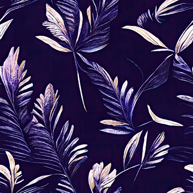 Vintage purple blue repeating pattern Botanical flowers with Tropical plant texture