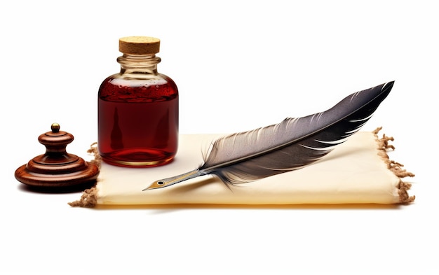 Photo vintage quill pen and inkwell set with parchment on white background