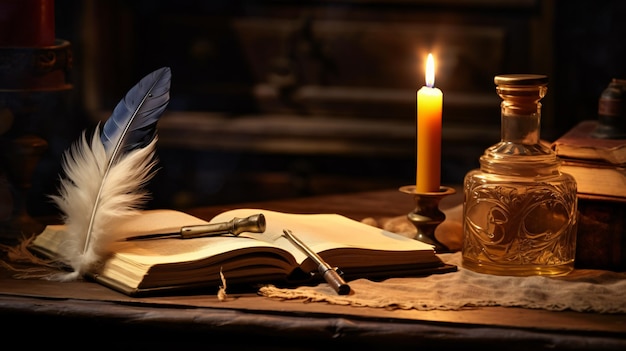 Vintage quill pen and inkwell on wooden table