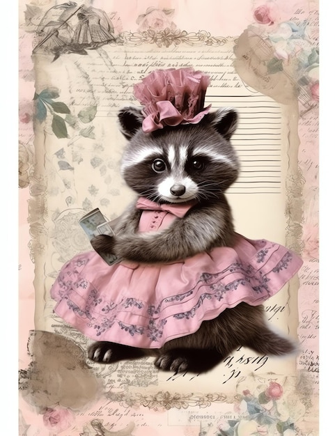 Vintage Raccoon old paper junk journal digital paper