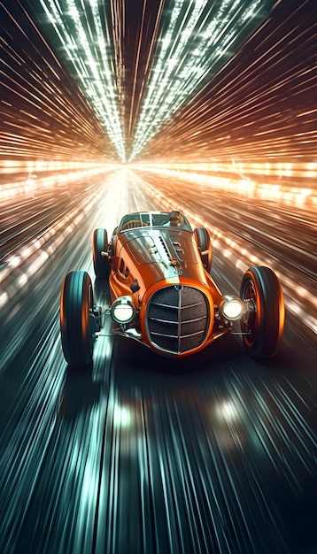 A vintage race car is driving through a tunnel with the number 50 on the front.