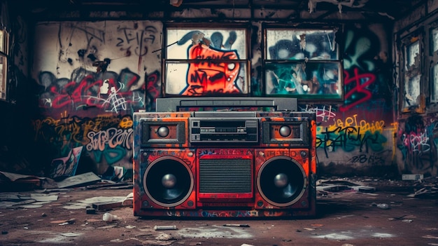 오래된 벽돌 벽의 배경에 있는 빈티지 라디오
