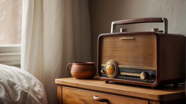 Photo vintage radio on bedside table in cozy room