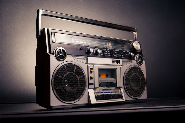 Vintage radio boombox on dark background