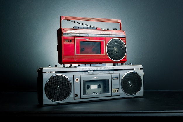 Vintage radio boombox on dark background