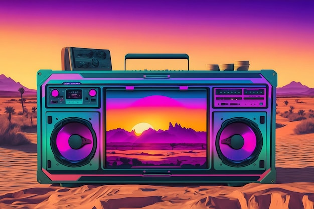 Photo vintage radio boombox in the desert retrowave synthwave neural network ai generated