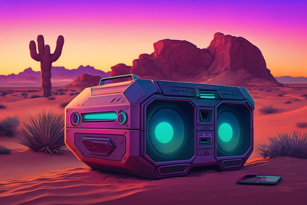 Vintage radio boombox in the desert retrowave synthwave Neural network AI generated