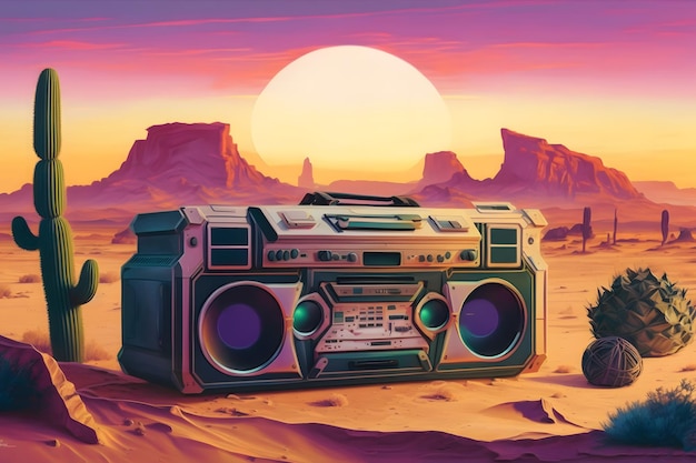 Vintage radio boombox in the desert retrowave synthwave neural network ai generated