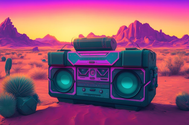 Vintage radio-boombox in de woestijn retrowave synthwave neuraal netwerk ai gegenereerd