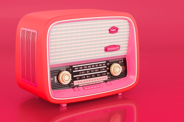 Vintage radio receiver in trending viva magenta colors 3D rendering