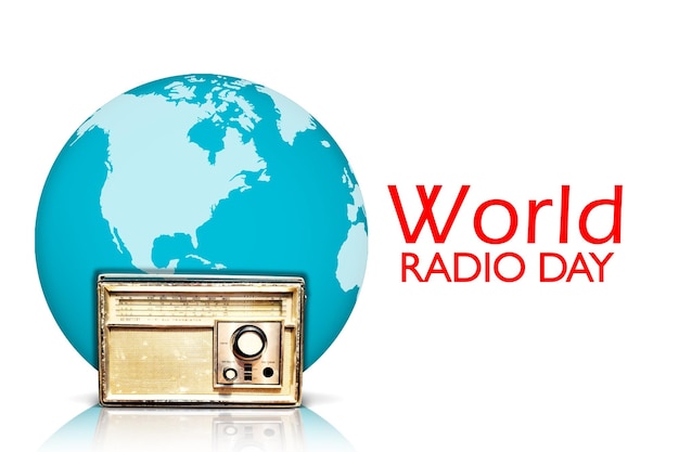 Vintage radio with world radio day text