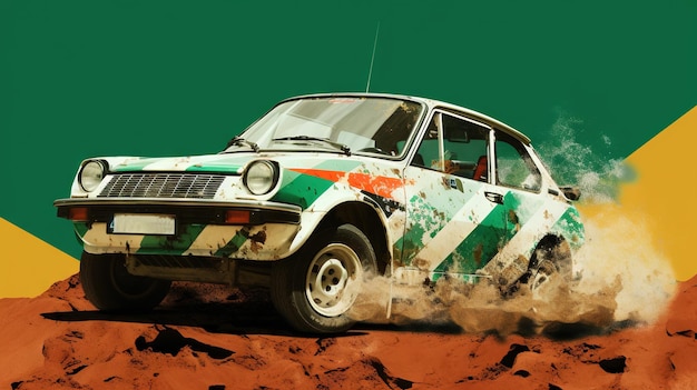 Vintage rally auto spetteren de vuil in retro 70s stijl scène