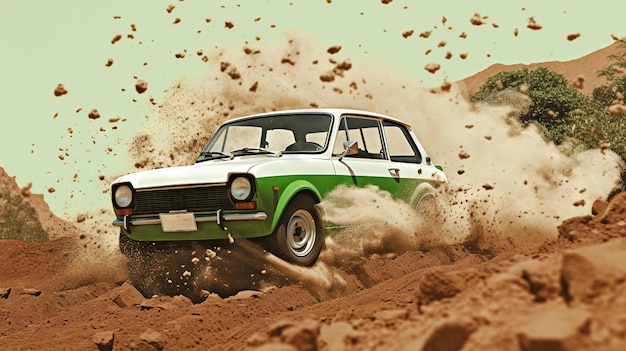 Vintage rally car splashing the dirt in retro 70s styled scene