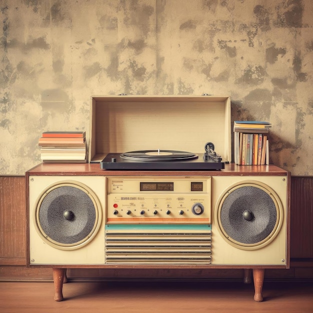 A vintage record mixed ethnicity player console with builtin speakers and storage compartments