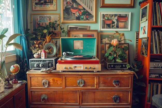 Photo a vintage record player sits atop a retro sideboar generative ai