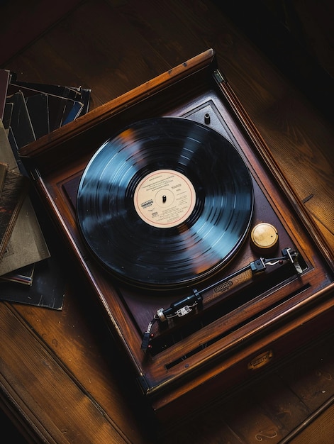 A vintage record player in use with the tonearm gently resting on a spinning vinyl record producing the iconic sound of analog music