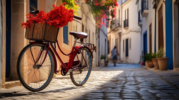 Vintage red bicycle with basket of flowers on the street of old european town