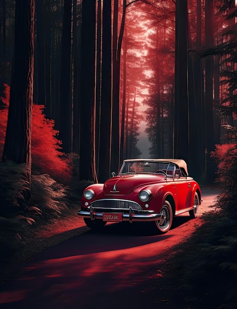 Vintage red car in the dark forest