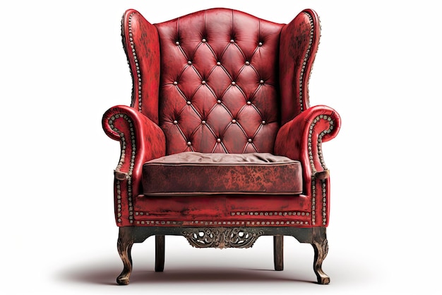 Vintage red chair with worn leather upholstery set against a white background