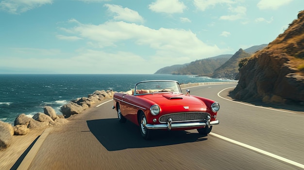 Vintage red classic car driving along the beach road at sunset with blue sky