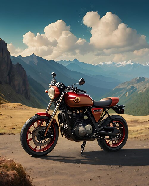 Photo a vintage red motorcycle shown from a top view of mountain