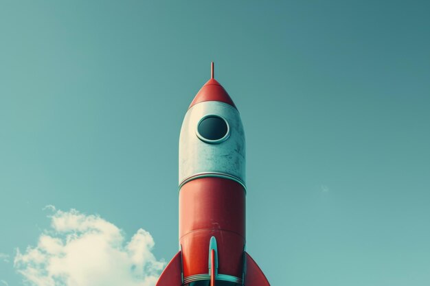 写真 クリエイティビティと冒険を象徴する 澄んだ青い空に飛ぶ 赤いおもちゃのロケット