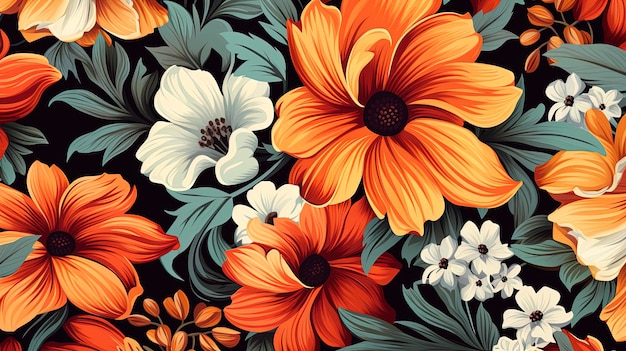 Vintage retro 90s inspired floral pattern with bold and vibrant flowers