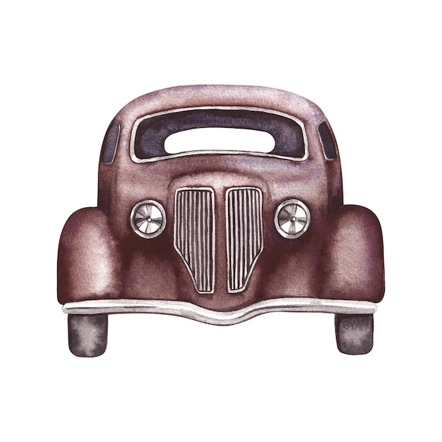 Vintage retro auto in donkerrode kleur voorkant waterverf illustraties zijn met de hand gemaakt in isolatie