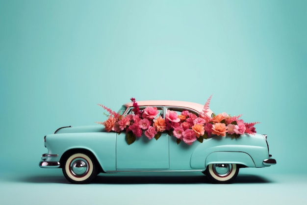 Vintage retro car full with flowers on mint light teal copy space background