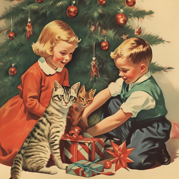 빈티지 레트로 크리스마스 카드 어린이 들 과 애완 동물 들 은 장식 된 크리스마스 트리 근처 에서 선물 을 보고 있다